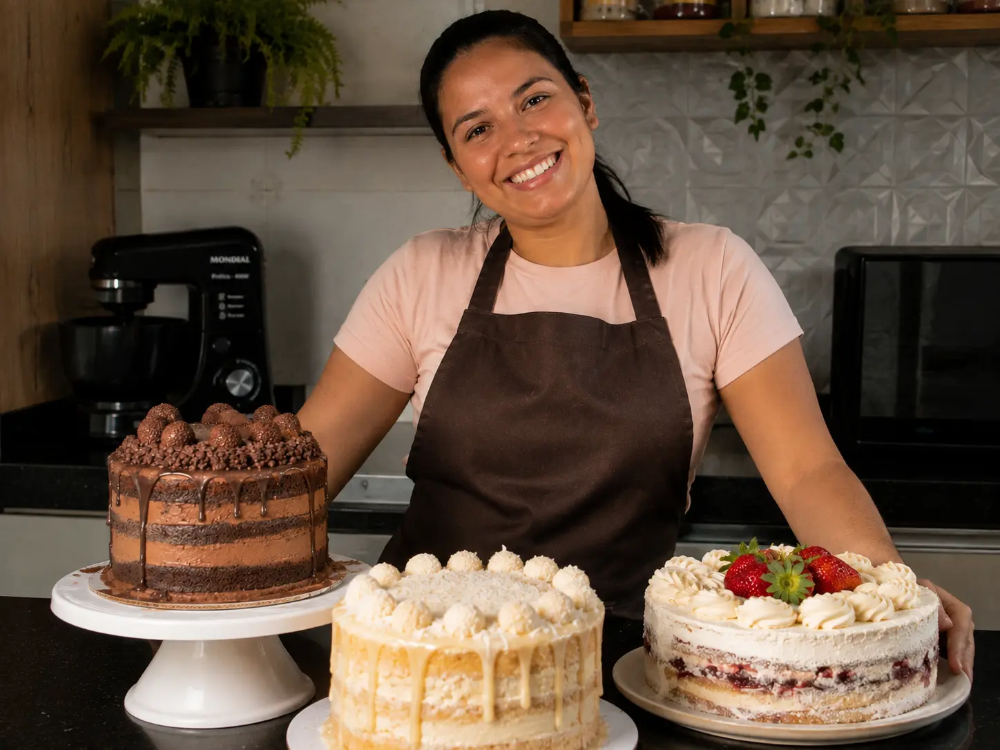 Aluna Juliana sorrindo na cozinha com três bolos decorados