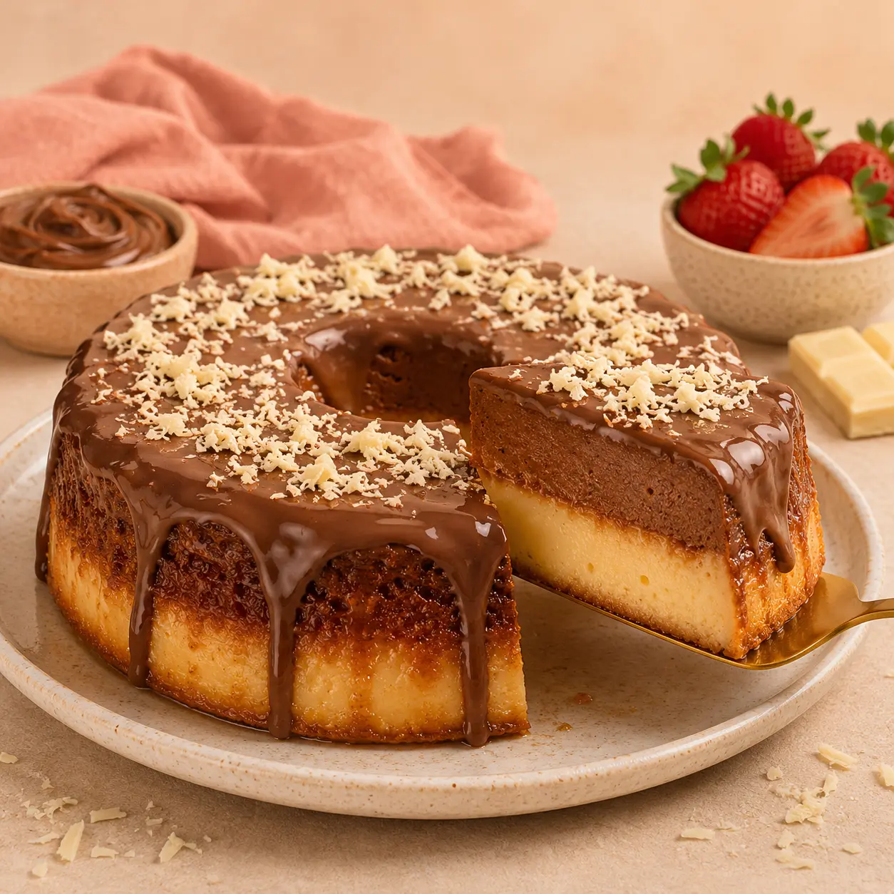 Bolo pudim tradicional, Ninho com Nutella e chocolate branco com calda de morango