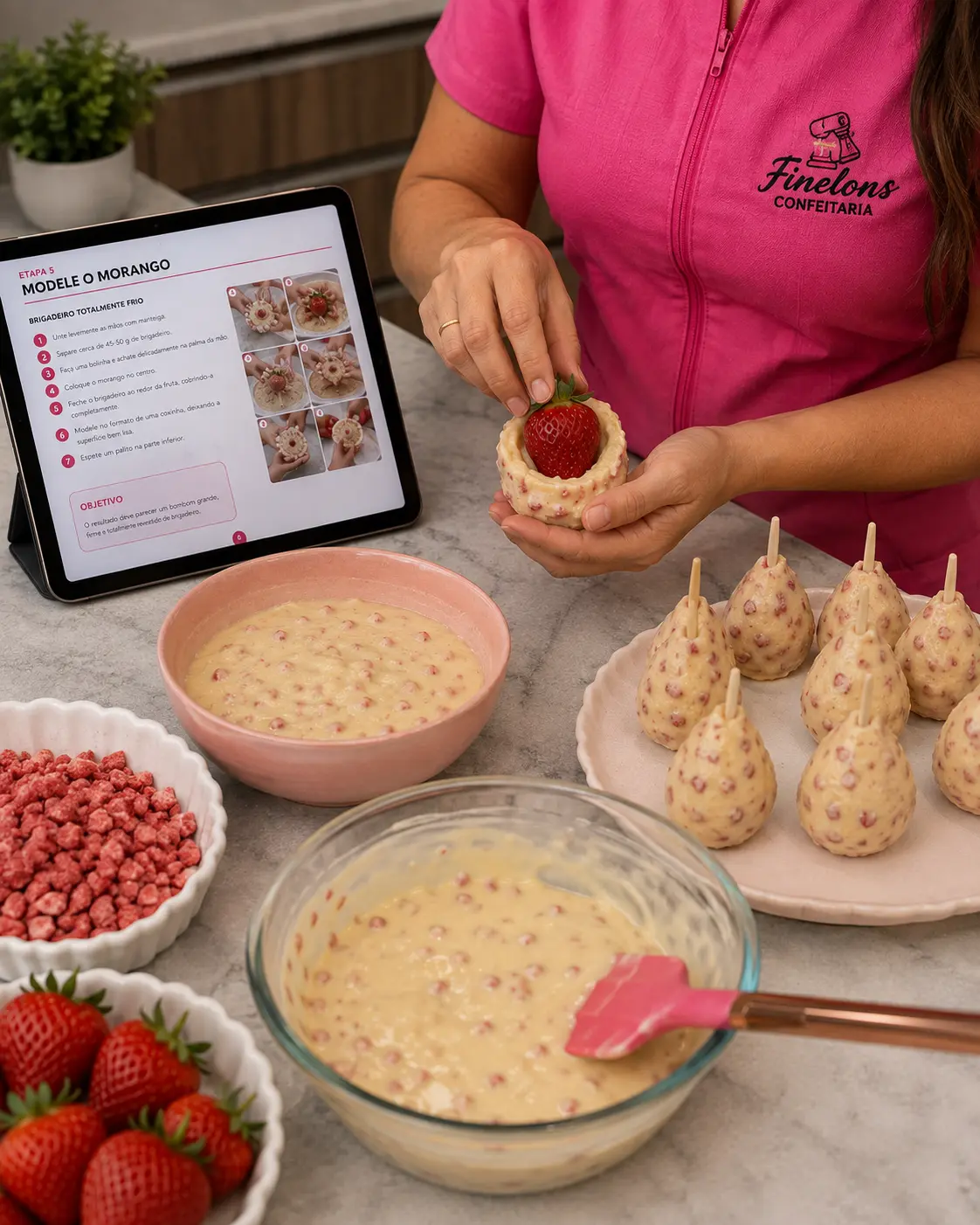 Modelando o morango com brigadeiro, receita aberta no tablet