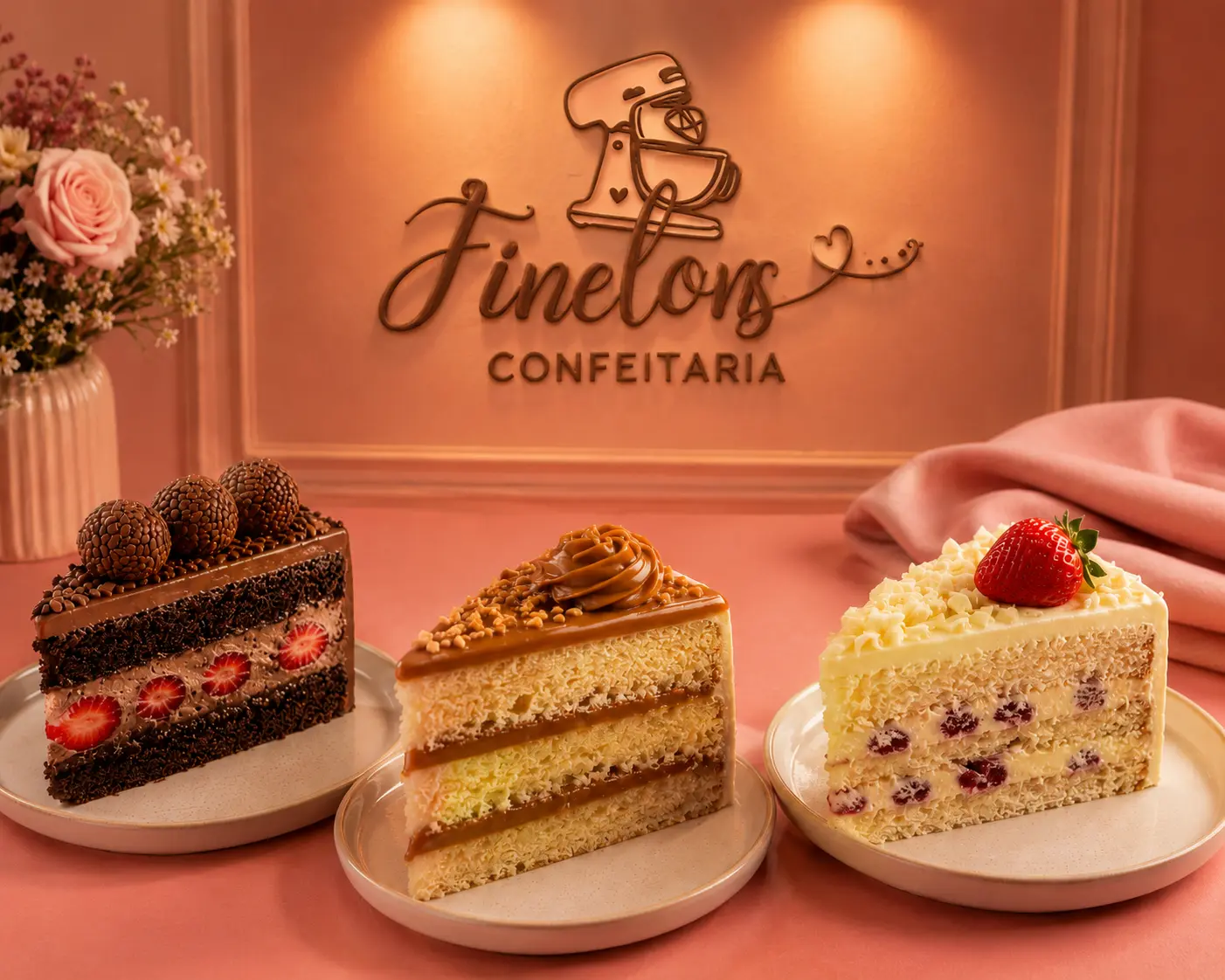 Bolos em fatias da Finelons Confeitaria em frente ao logo na parede