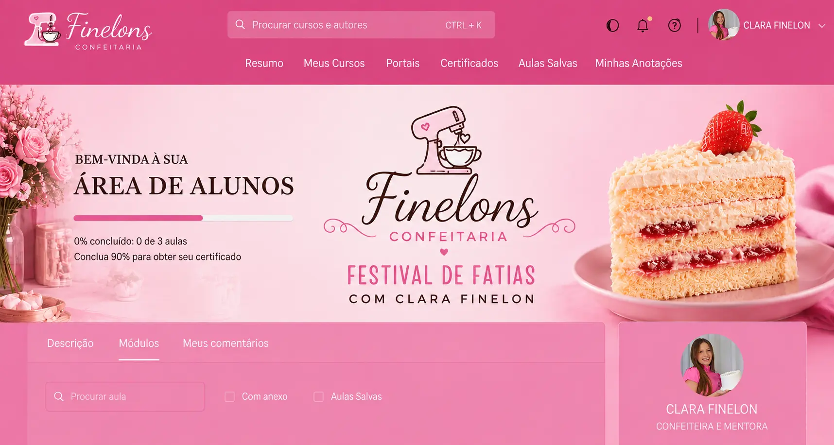 Screenshot da área de membros da Finelons Confeitaria