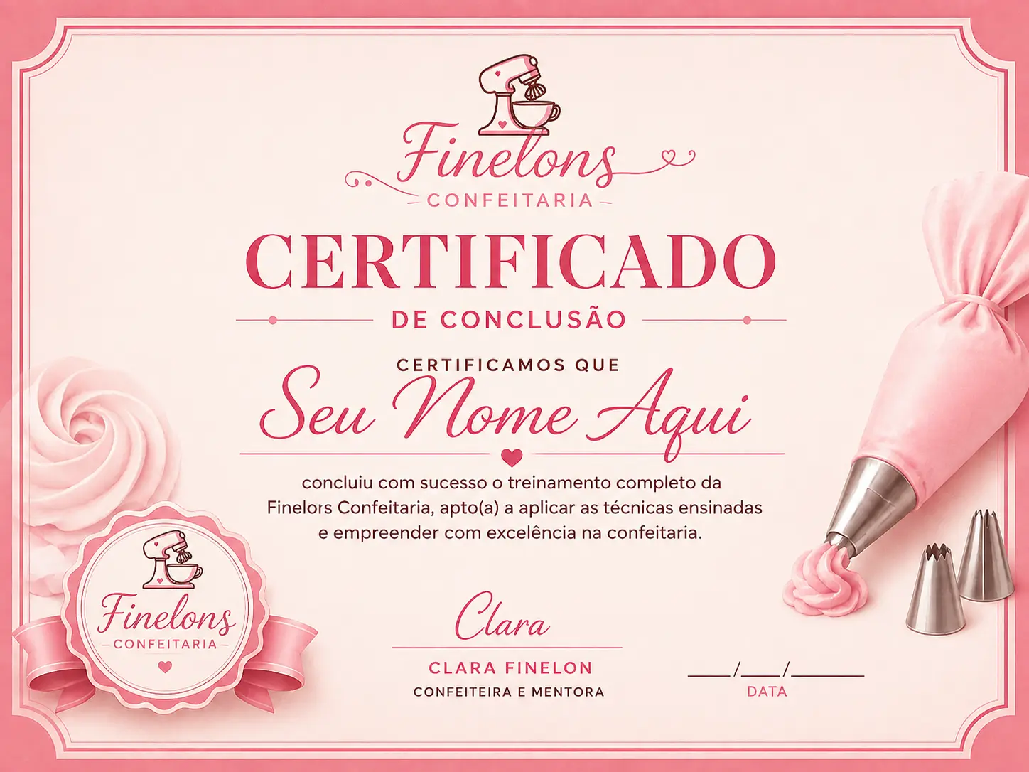 Certificado de conclusão da Finelons Confeitaria